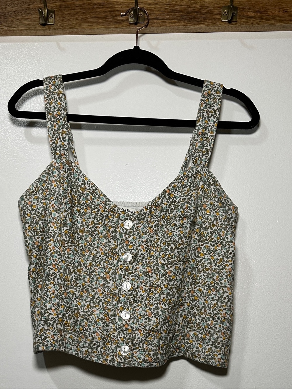 Abercrombie & Fitch Floral Button Crop Tank - White, Green, Brown